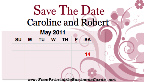 Pink Flourish Save the Date Card with calendar business card