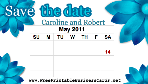 Teal Flowers Save the Date Card with calendar business card